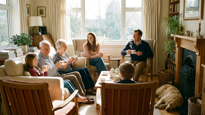 Eine Familie sitzt ruhig zusammen in einem hellen Wohnzimmer bei einer Tasse Tee und unterhält sich friedlich. Ein harmonisches Gespräch zwischen den Generationen, das Vertrauen und Offenheit ausstrahlt.