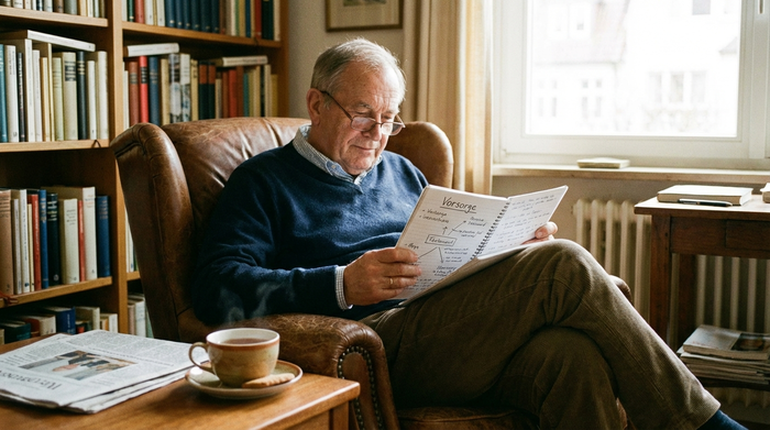 Ein älterer Herr mit Lesebrille sitzt entspannt in einem Sessel, liest aufmerksam in einem Notizbuch und macht sich Gedanken über seine Vorsorge. Eine Tasse Tee steht auf dem kleinen Tisch daneben.