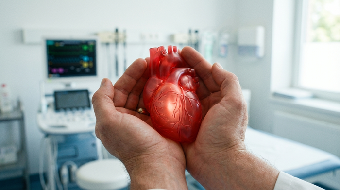 Eine Nahaufnahme von zwei Händen, die sanft ein rotes Herzmodell aus Kunststoff halten. Im unscharfen Hintergrund ist ein helles, sauberes Arztzimmer zu erkennen. Realistisches, medizinisches Motiv, das Schutz und Fürsorge symbolisiert.