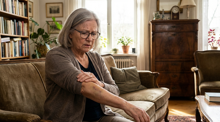 Eine besorgte ältere Dame mit Brille betrachtet ihren Unterarm, auf dem ein leichter blauer Fleck zu sehen ist. Sie sitzt auf einem gemütlichen Sofa in einem lichtdurchfluteten Wohnzimmer.