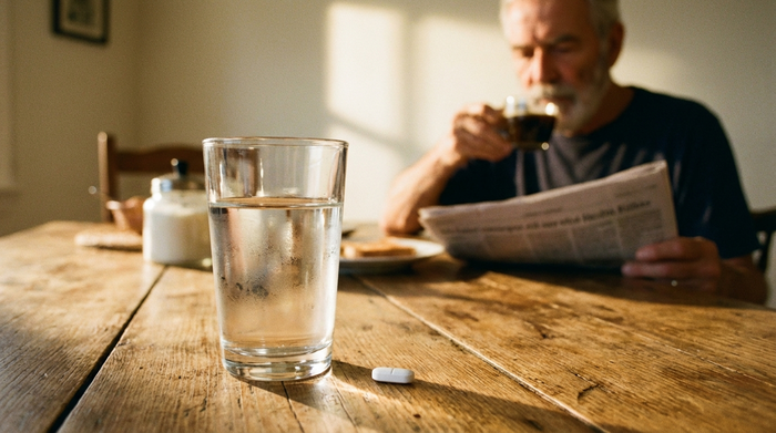 Ein klares Wasserglas und eine einzelne weiße Pille auf einem sauberen Holztisch im morgendlichen Sonnenlicht. Im Hintergrund sitzt ein Senior unscharf am Frühstückstisch.