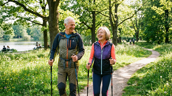 Ein rüstiges Seniorenpaar in sportlicher Kleidung wandert fröhlich durch einen sonnigen, grünen Park. Beide lächeln und genießen die Bewegung an der frischen Luft.