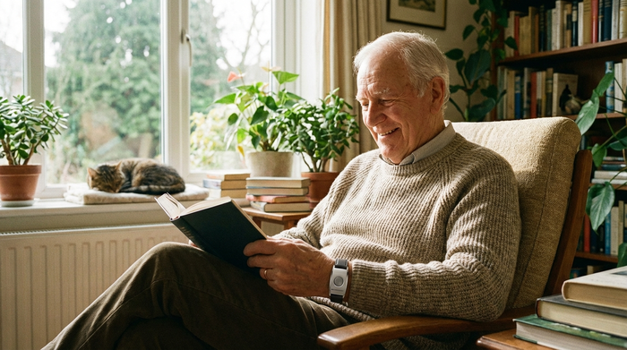 Eine detailreiche Aufnahme eines modernen Hausnotruf-Armbands am Handgelenk eines Seniors, der entspannt in einem Sessel ein Buch liest. Helle, beruhigende Wohnzimmeratmosphäre.