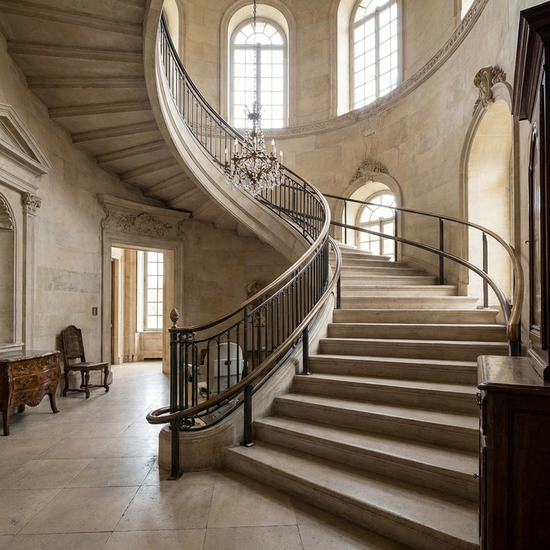 Ein geräumiges Treppenhaus mit einer eleganten Wendeltreppe aus Stein, an deren Rand eine maßgefertigte, geschwungene Treppenliftschiene verläuft.