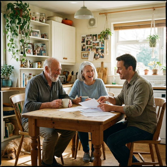 Ein lächelndes älteres Ehepaar sitzt entspannt am Küchentisch und bespricht bei einer Tasse Kaffee Dokumente mit einem freundlichen Berater.