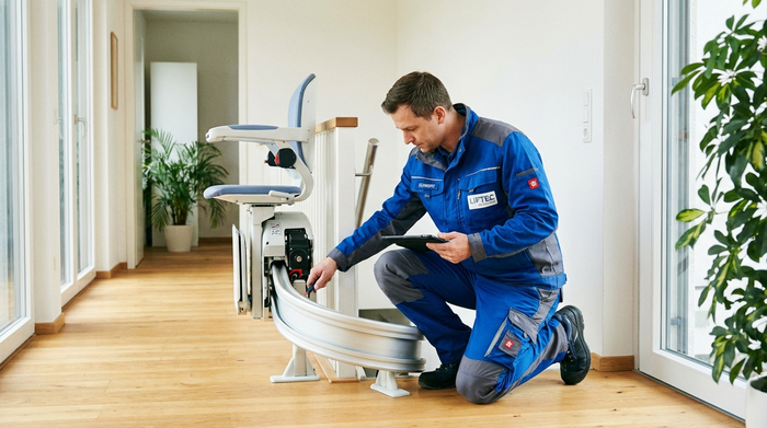 Ein professioneller Techniker in sauberer Arbeitskleidung überprüft konzentriert die Mechanik und die Schienen eines modernen Treppenlifts in einem hellen Flur.