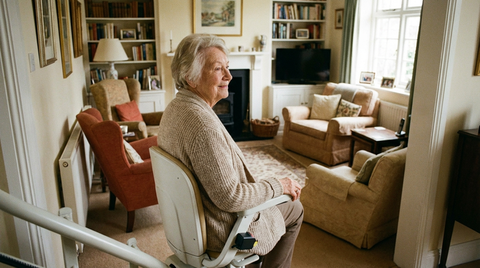 Eine zufriedene ältere Dame fährt sicher und entspannt auf einem Treppenlift abwärts, während sie lächelnd in Richtung des gemütlichen Wohnzimmers blickt.