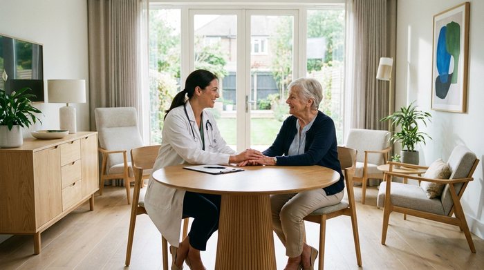 Eine einfühlsame Ärztin in weißem Kittel bespricht sich ruhig mit einer älteren Patientin in einem hellen, modernen Beratungszimmer. Beide sitzen an einem runden Holztisch und wirken vertraut.