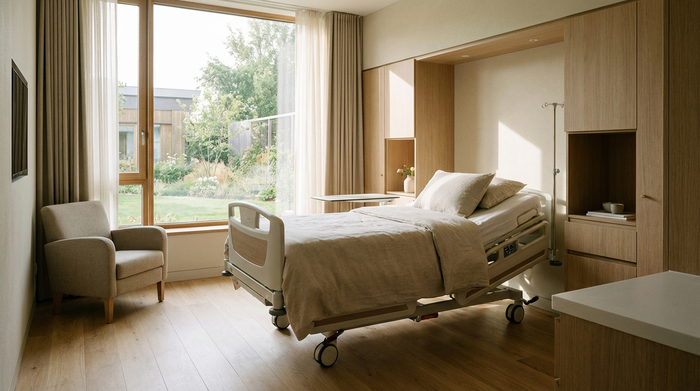 Ein modernes, sauberes Patientenzimmer mit einem leeren, ordentlich gemachten Krankenbett am Fenster. Sanftes Licht fällt herein und vermittelt eine ruhige, unaufgeregte und friedliche Stimmung.