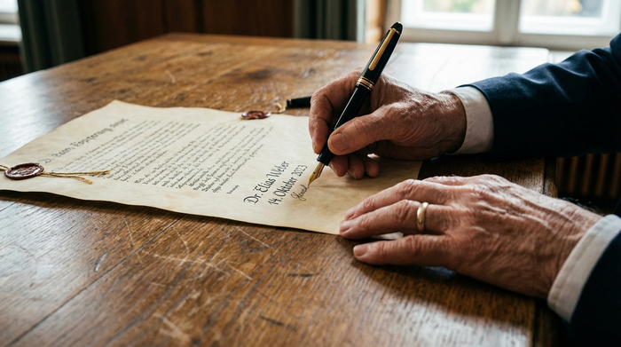 Nahaufnahme von den Händen einer älteren Person, die mit einem edlen Füllfederhalter ruhig und bedacht ein wichtiges Dokument auf einem massiven Schreibtisch aus Eichenholz unterschreibt.