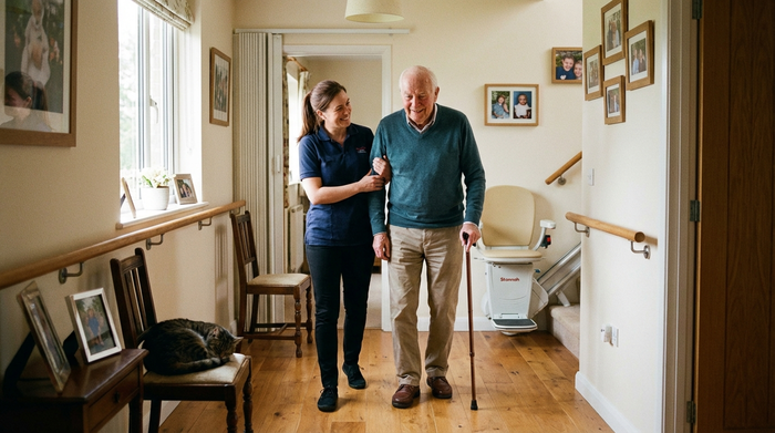 Eine freundliche Pflegekraft hilft einem lächelnden Senior behutsam beim Gehen in einem gemütlichen, barrierefreien Flur. Im Hintergrund ist ein moderner Treppenlift an der Wand erkennbar.