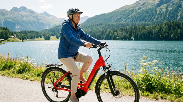 Eine rüstige Seniorin tritt mühelos in die Pedale ihres roten E-Bikes mit Wave-Rahmen, während sie auf einem malerischen Radweg an einem glitzernden See entlangfährt.