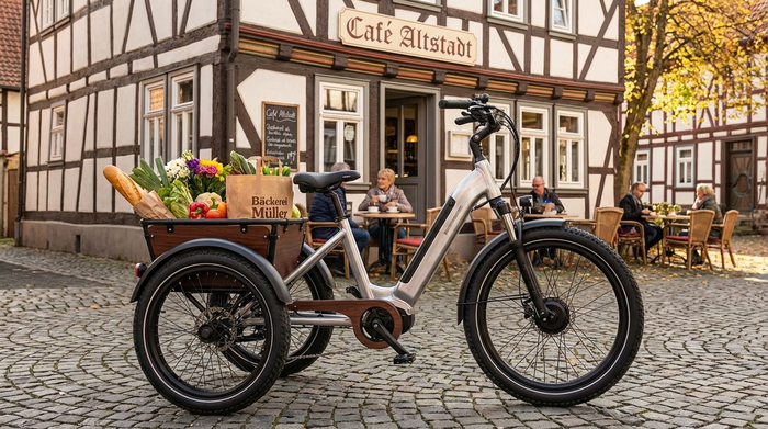 Ein modernes, stabiles Elektro-Dreirad für Erwachsene steht geparkt vor einem gemütlichen Café in einer historischen Altstadt. Im großen Korb auf der Rückseite liegen frische Einkäufe.