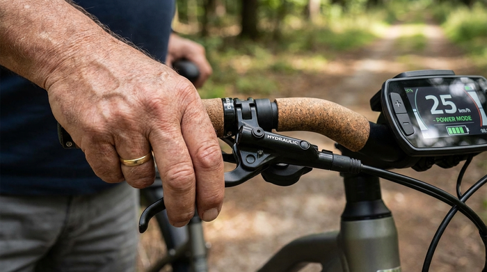 Nahaufnahme der Hände eines älteren Mannes, der den ergonomischen Lenker eines Pedelecs hält. Man sieht deutlich den hydraulischen Bremshebel und das gut lesbare, kontrastreiche Display.
