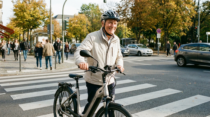 Ein lächelnder Senior mit einem gut sitzenden, modernen Fahrradhelm und einer hellen Jacke schiebt sein E-Bike über einen Zebrastreifen. Ein Rückspiegel ist am Lenker montiert.