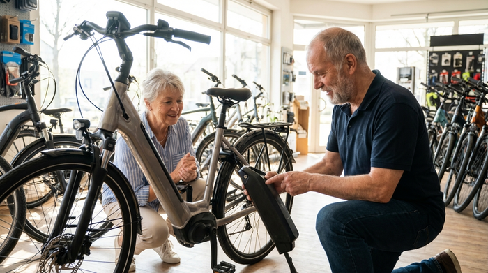 Ein freundlicher Fahrradhändler erklärt einer interessierten älteren Dame in einem hellen Fahrradgeschäft, wie man den Akku eines E-Bikes mit tiefem Einstieg sicher entnimmt.