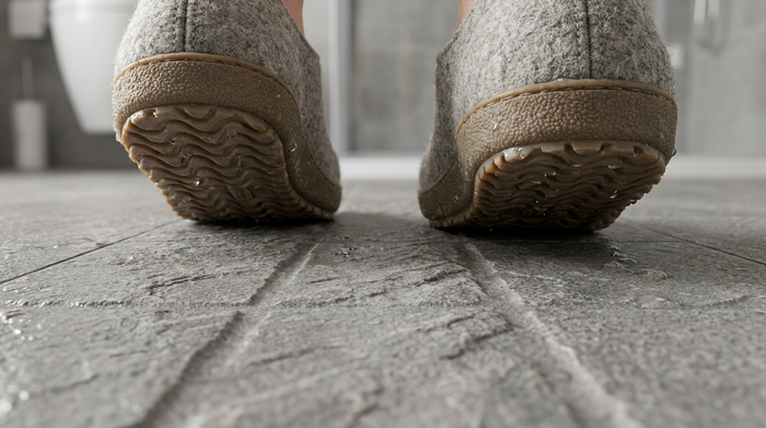 Nahaufnahme von strukturierten, rutschfesten Bodenfliesen in einem modernen Badezimmer, auf denen ein Paar bequeme Hausschuhe sicher und rutschfest steht.