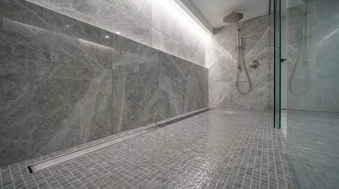 Eine elegante, bodengleiche Dusche mit großformatigen Wandfliesen und einem Boden aus rutschfesten, grauen Mosaikfliesen. Klares Wasser perlt sanft in einen dezenten Edelstahl-Duschabfluss.