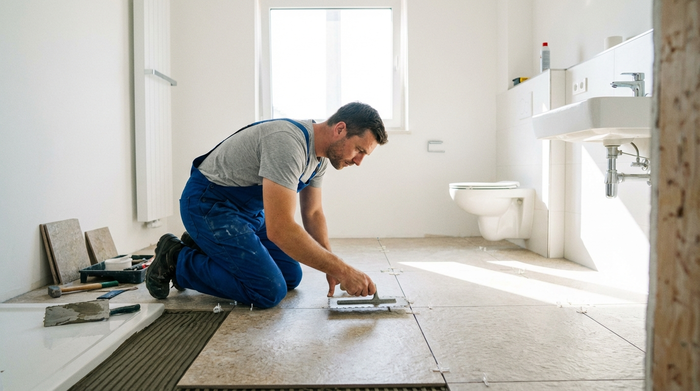 Ein fokussierter Handwerker in sauberer Arbeitskleidung verlegt sorgfältig große, rutschfeste Feinsteinzeugfliesen auf dem Boden eines hellen, neu sanierten Badezimmers.