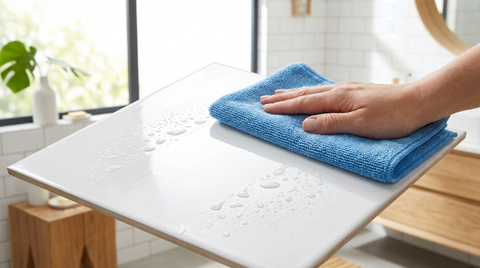 Eine saubere, strukturierte Badezimmerfliese, die sanft mit einem hochwertigen, blauen Mikrofaser-Wischbezug gereinigt wird. Glänzende Sauberkeit in einer hellen Umgebung.