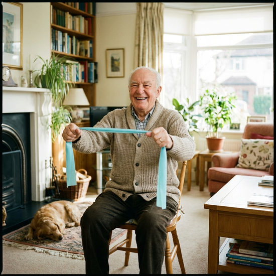 Ein rüstiger Senior sitzt auf einem Stuhl und hebt lächelnd ein leichtes, blaues Gymnastikband mit beiden Händen auf Brusthöhe. Helles, gemütliches Wohnzimmer.