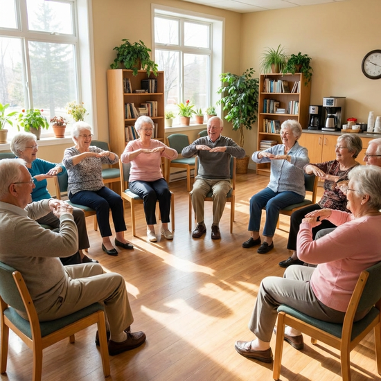 Eine Gruppe fröhlicher Senioren sitzt im Kreis auf Stühlen in einem hellen Gemeinschaftsraum und macht synchron leichte Armbewegungen.