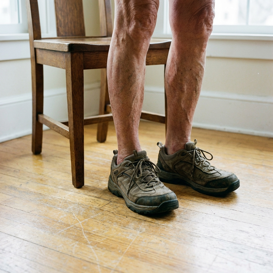 Nahaufnahme der Beine einer älteren Person, die in flachen, festen Sportschuhen sicher und hüftbreit auf einem hellen Holzboden stehen. Ein stabiler Stuhl ohne Armlehnen ist sichtbar.