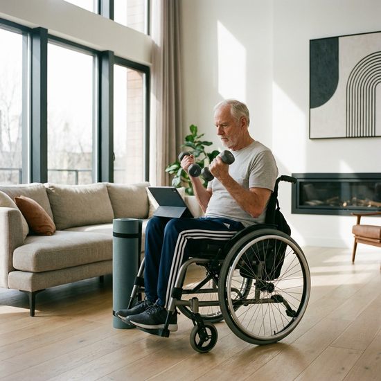 Ein älterer Herr im Rollstuhl mit angezogenen Feststellbremsen in einem modernen Wohnzimmer, der aufrecht sitzt und sich konzentriert auf die Übungen vorbereitet.