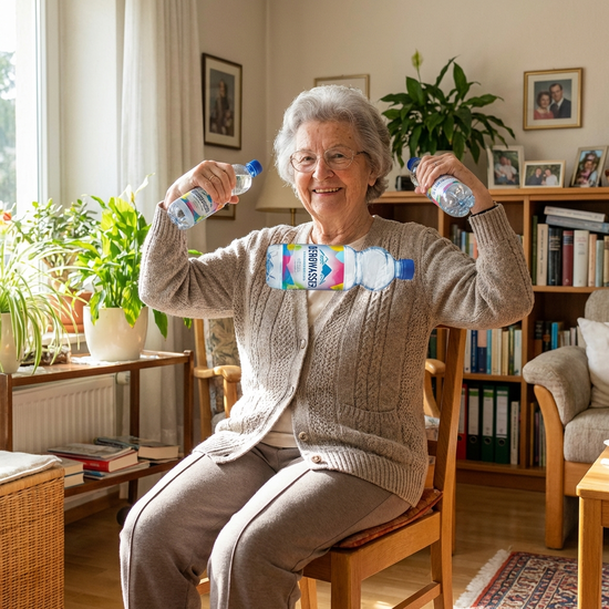 Eine lächelnde ältere Dame sitzt auf einem Stuhl und hält in jeder Hand eine kleine Wasserflasche wie Hanteln, während sie die Arme anwinkelt.