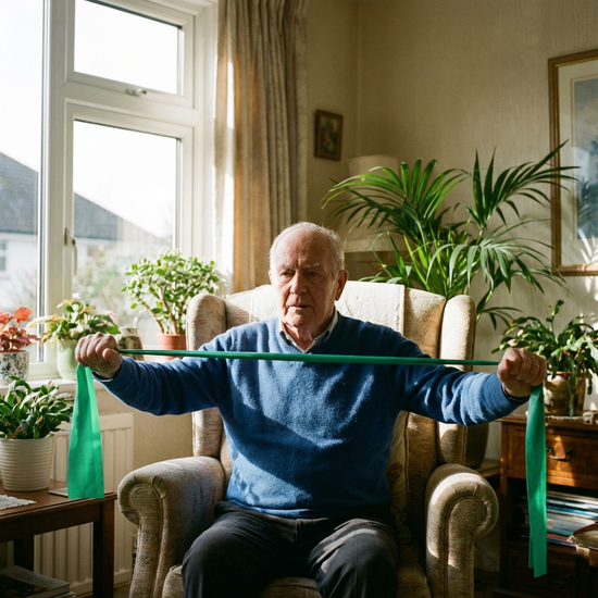 Ein Senior sitzt aufrecht und spannt ein grünes Theraband vor der Brust, um die Schultermuskulatur zu stärken. Helles Tageslicht fällt durch das Fenster.