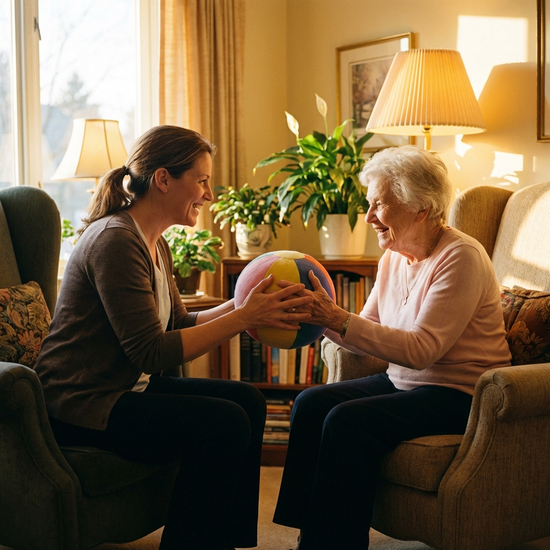 Eine geduldige Pflegekraft sitzt einer Seniorin gegenüber. Beide halten lächelnd einen weichen, bunten Gymnastikball in den Händen. Warmes, freundliches Licht.