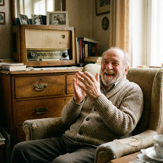 Ein älterer Mann klatscht freudig in die Hände, während er auf einem Stuhl sitzt, im Hintergrund steht ein altes Radio auf einer Holzkommode.