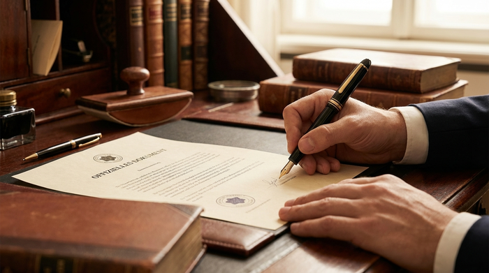 Eine Nahaufnahme von zwei Händen, die ein offizielles Dokument mit einem edlen Füllfederhalter unterschreiben. Seriöses Setting auf einem Holzschreibtisch, weiches Licht.