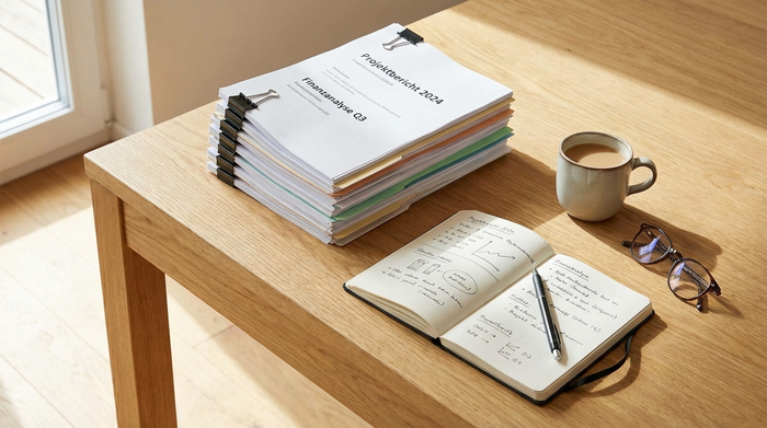 Ein übersichtlich sortierter Stapel von Dokumenten und ein geöffneter Notizblock auf einem hellen Holztisch, daneben eine Tasse Kaffee und eine Lesebrille.