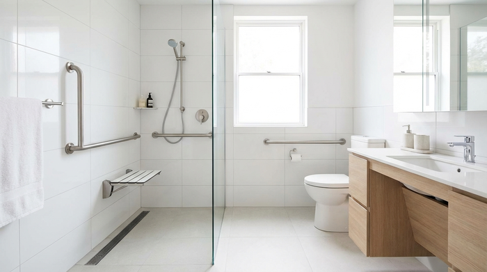Ein modernes, helles und barrierefreies Badezimmer mit einer ebenerdigen Dusche und stabilen Haltegriffen an den Wänden. Sauber, stilvoll und sicher eingerichtet.