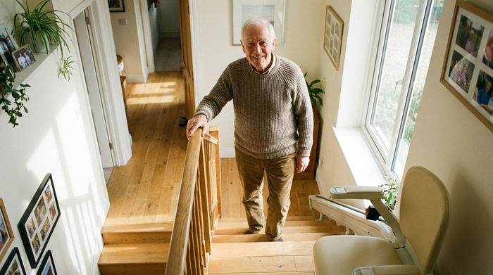 Ein rüstiger Senior steht glücklich und entspannt am oberen Ende einer hellen Treppe in seinem Zuhause, die Hand sicher auf dem Geländer, im Hintergrund ein dezenter Treppenlift.