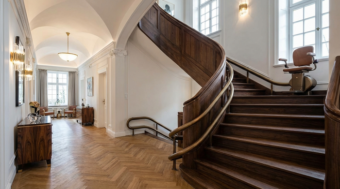 Eine elegante kurvige Holztreppe in einem stilvollen Flur. An der Wand verläuft eine maßgefertigte, geschwungene metallische Fahrschiene eines Treppenlifts, die sich perfekt an die Kurven anpasst.