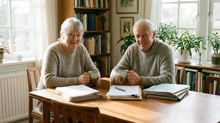 Ein älteres Ehepaar sitzt gemeinsam am Esstisch, lächelt entspannt und hält eine Kaffeetasse in der Hand. Auf dem Tisch liegen ordentlich sortierte Dokumente und ein Stift.