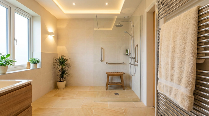 Ein helles, sauberes und seniorengerechtes Badezimmer mit rutschfesten Fliesen und einem stabilen Duschhocker. Ein flauschiges Handtuch hängt über einem warmen Handtuchheizkörper. Das Licht ist angenehm und warm.