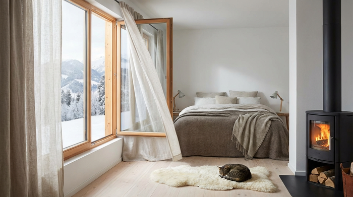 Ein weit geöffnetes Fenster in einem aufgeräumten, gemütlichen Schlafzimmer. Frische Winterluft strömt herein, während die hellen Vorhänge leicht im Wind wehen. Ein ordentlich gemachtes Bett mit dicken Decken steht im Hintergrund.