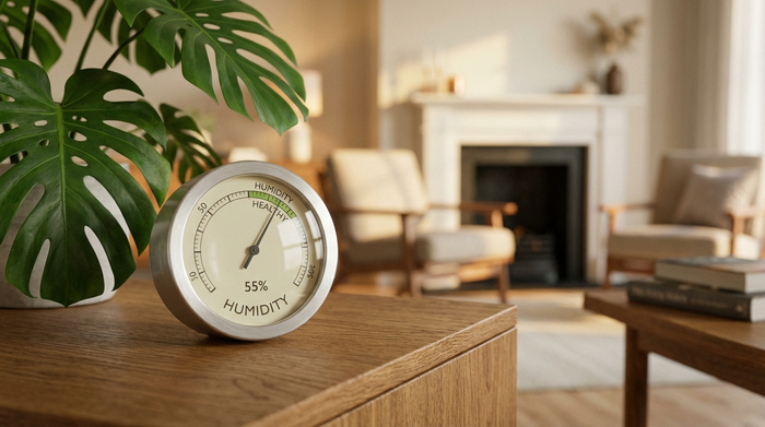 Ein modernes, analoges Hygrometer steht auf einem hölzernen Beistelltisch neben einer saftig grünen Zimmerpflanze. Im Hintergrund ist ein unscharfes, gemütliches Wohnzimmer zu erkennen. Die Szene wirkt harmonisch und gesund.