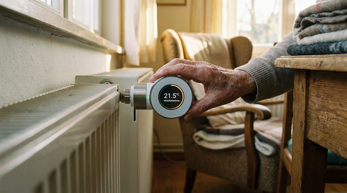 Die Hand eines älteren Menschen bedient mühelos ein modernes, smartes Heizungsthermostat an einem weißen Heizkörper. Das Design des Geräts ist schlicht und ergonomisch. Warme, sanfte Lichtstimmung im Raum.