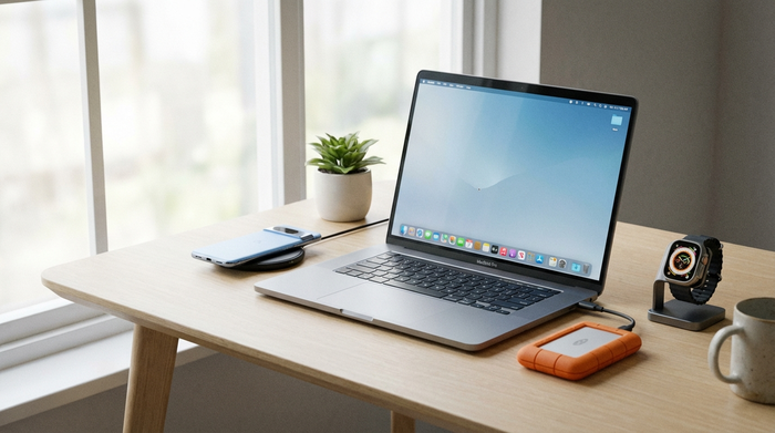 Eine ordentliche Ansammlung moderner technischer Geräte auf einem Schreibtisch: ein Smartphone, ein Laptop, eine Smartwatch und eine externe Festplatte. Sanftes Tageslicht fällt durch ein Fenster, minimalistische und aufgeräumte Szene, fotorealistisch, ohne Text oder Labels.