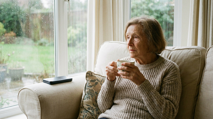 Eine nachdenkliche ältere Frau sitzt mit einer Tasse Tee auf einem hellen Sofa und schaut aus dem Fenster. Neben ihr liegt ein geschlossenes Smartphone auf einem Kissen. Ruhige, leicht melancholische, aber friedliche Stimmung, weiches Licht, realistische Fotografie.