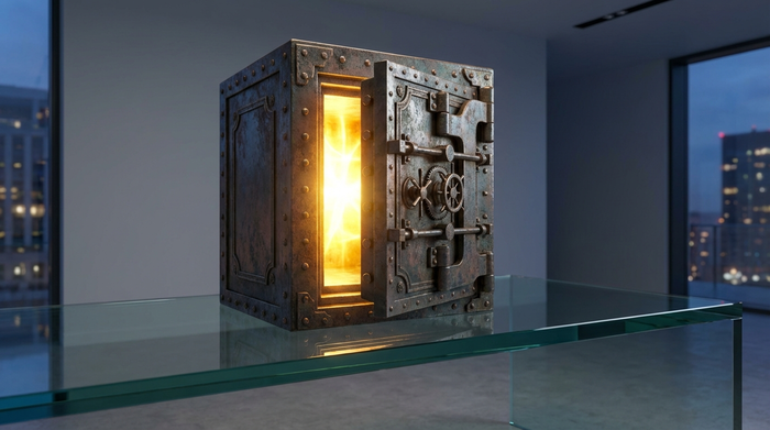 Ein massiver, altertümlicher Tresor aus Metall, der leicht geöffnet ist und in dessen Inneren ein leuchtendes, abstraktes goldenes Licht schimmert. Der Tresor steht auf einem modernen Glasschreibtisch, symbolisiert Sicherheit, hochwertig gerendert, keine Buchstaben oder Zahlen erkennbar.