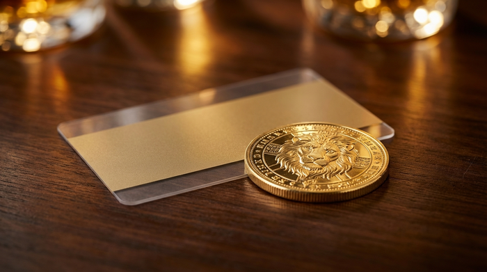 Eine glänzende goldene Münze liegt neben einer eleganten, unbeschrifteten Plastikkarte auf einer dunklen, edlen Holzoberfläche. Im Hintergrund eine leichte Unschärfe mit warmen Lichtreflexen, professionelle Makrofotografie, luxuriöse Ausstrahlung, absolut textfrei.