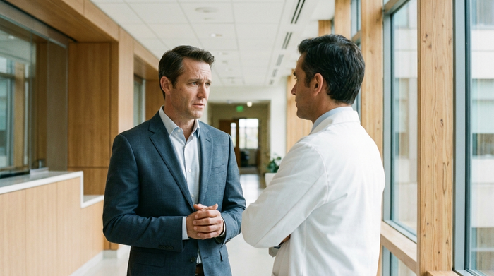 Ein besorgter, aber gefasster Mann im eleganten Anzug spricht auf einem hellen, modernen Krankenhausflur mit einem Arzt in einem weißen Kittel. Professionelle, ruhige Atmosphäre ohne sichtbaren Text.