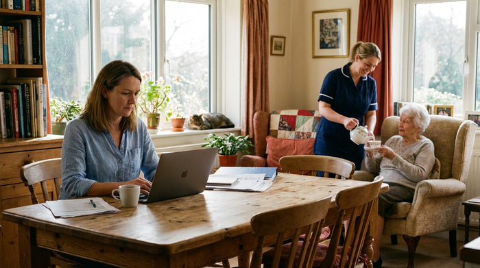 Eine Frau arbeitet konzentriert an ihrem Laptop am heimischen Esstisch, während im Hintergrund eine freundliche Pflegekraft in dezenter Arbeitskleidung einer älteren Dame Tee einschenkt. Gemütliches, sonnendurchflutetes Zuhause.