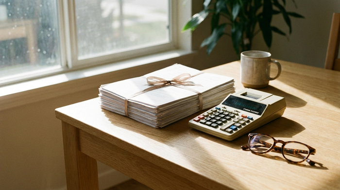 Ein ordentlicher Stapel von Dokumenten, ein klassischer Taschenrechner und eine Lesebrille liegen auf einem hellen Holztisch. Sanftes Sonnenlicht fällt durch ein nahes Fenster und erzeugt eine ruhige Arbeitsatmosphäre.