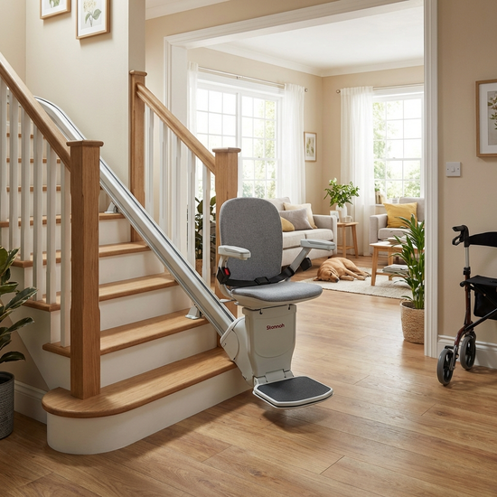 Ein moderner, sicherer Treppenlift ist an einer Holztreppe in einem hellen, gepflegten Einfamilienhaus installiert. Die Umgebung ist barrierefrei gestaltet, sauberes und einladendes Interieur.